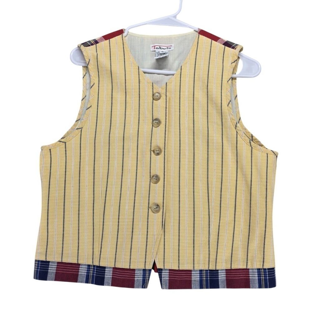 Vintage Talbots Womens Small Vest Yellow Plaid Cotton Button Front Layering